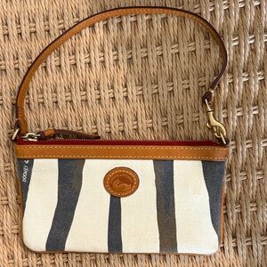 Dooney & Bourke Cream and Black Striped Canvas Wristlet with Tan Trim